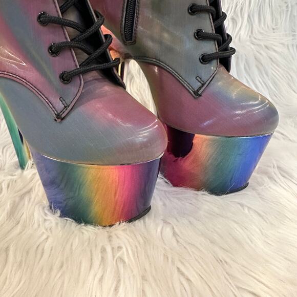 PLEASER Adore Chromatic Reflective Rainbow Platform Stiletto Heels Lace-Up Boots - Picture 4 of 15